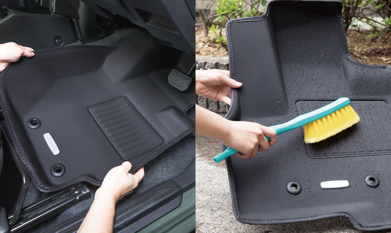 マットを取り外して掃除をしている様子